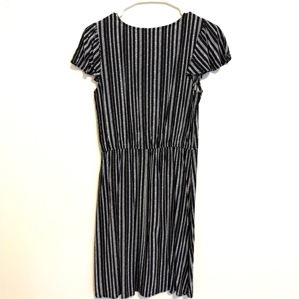 2/$15 Old Navy - Black White Yellow Striped Mini Dress Short Sleeve V Neck Small - Picture 6 of 7